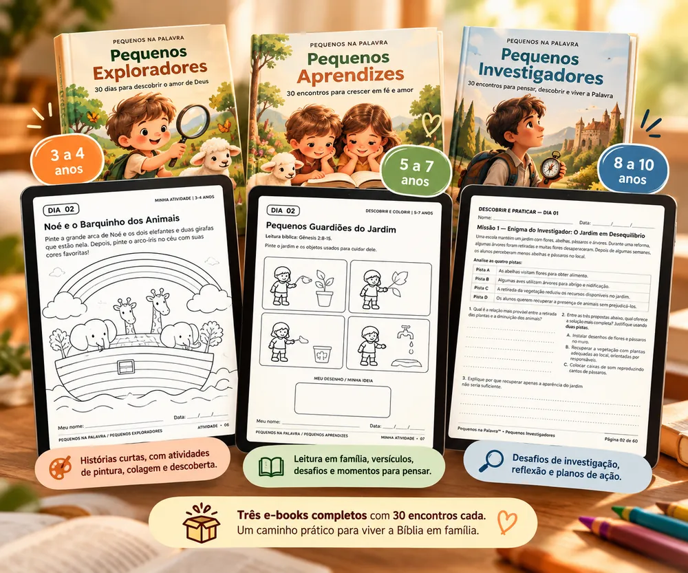 Os três e-books Pequenos Exploradores, Pequenos Aprendizes e Pequenos Investigadores, com exemplos de atividades bíblicas para crianças de 3 a 10 anos